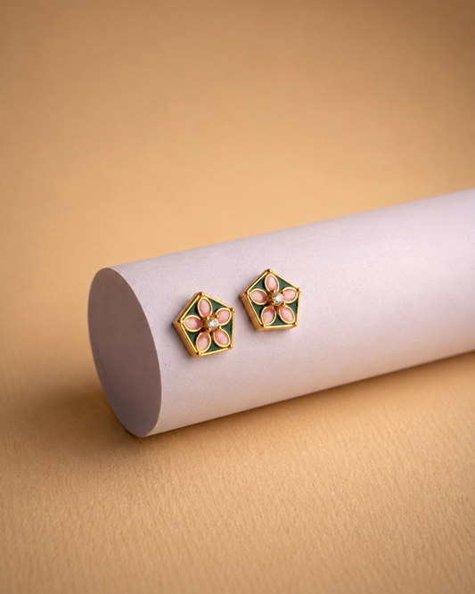 Floral Pentagon Enamel Stud Earrings | 92.5 Sterling Silver