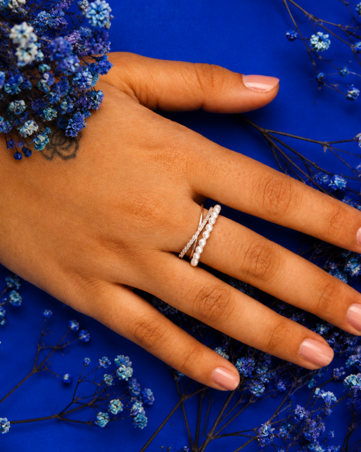 Layered Pearl & Crystal Ring | 92.5 Sterling Silver