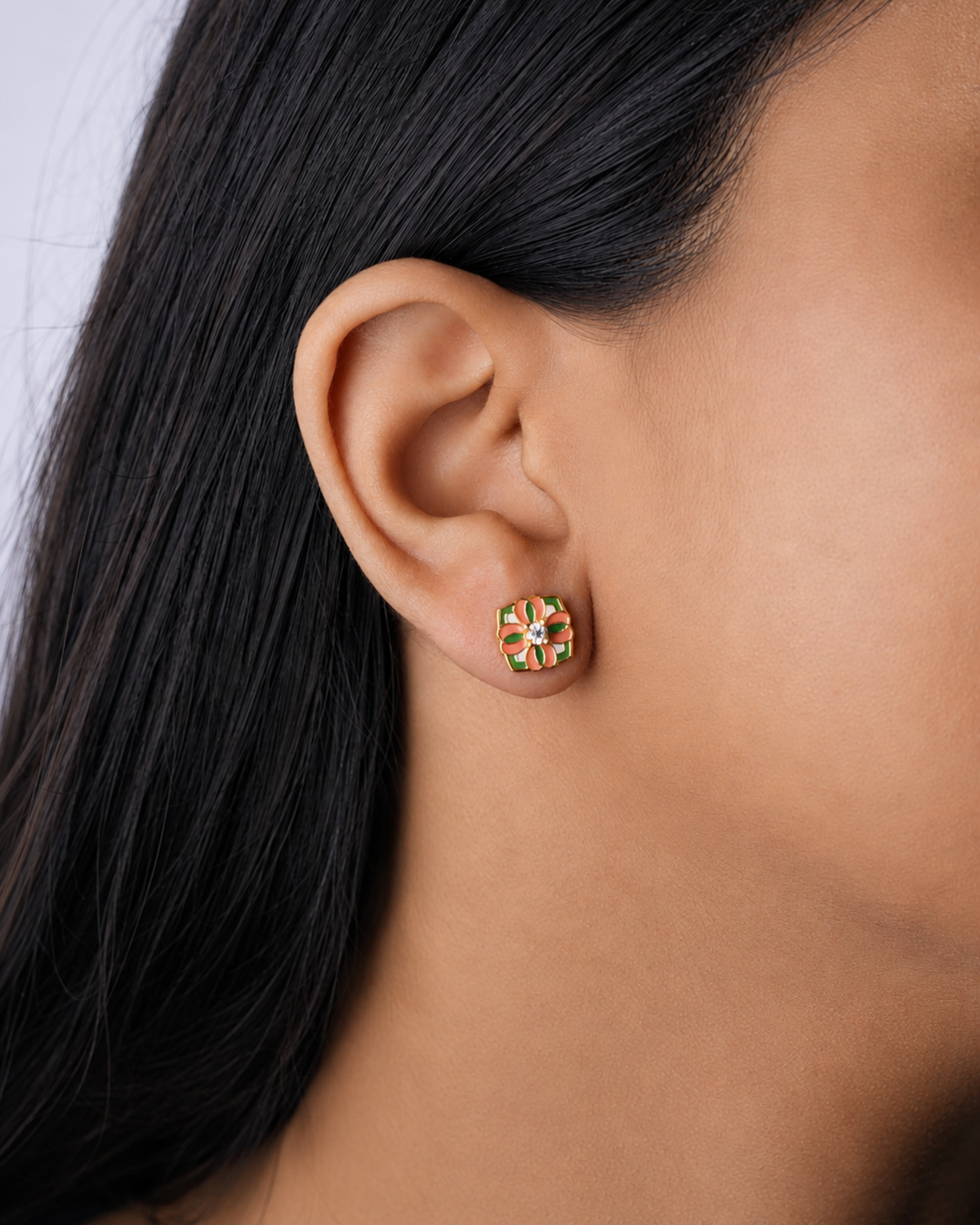Floral Enamel Square Stud Earrings | 92.5 Sterling Silver
