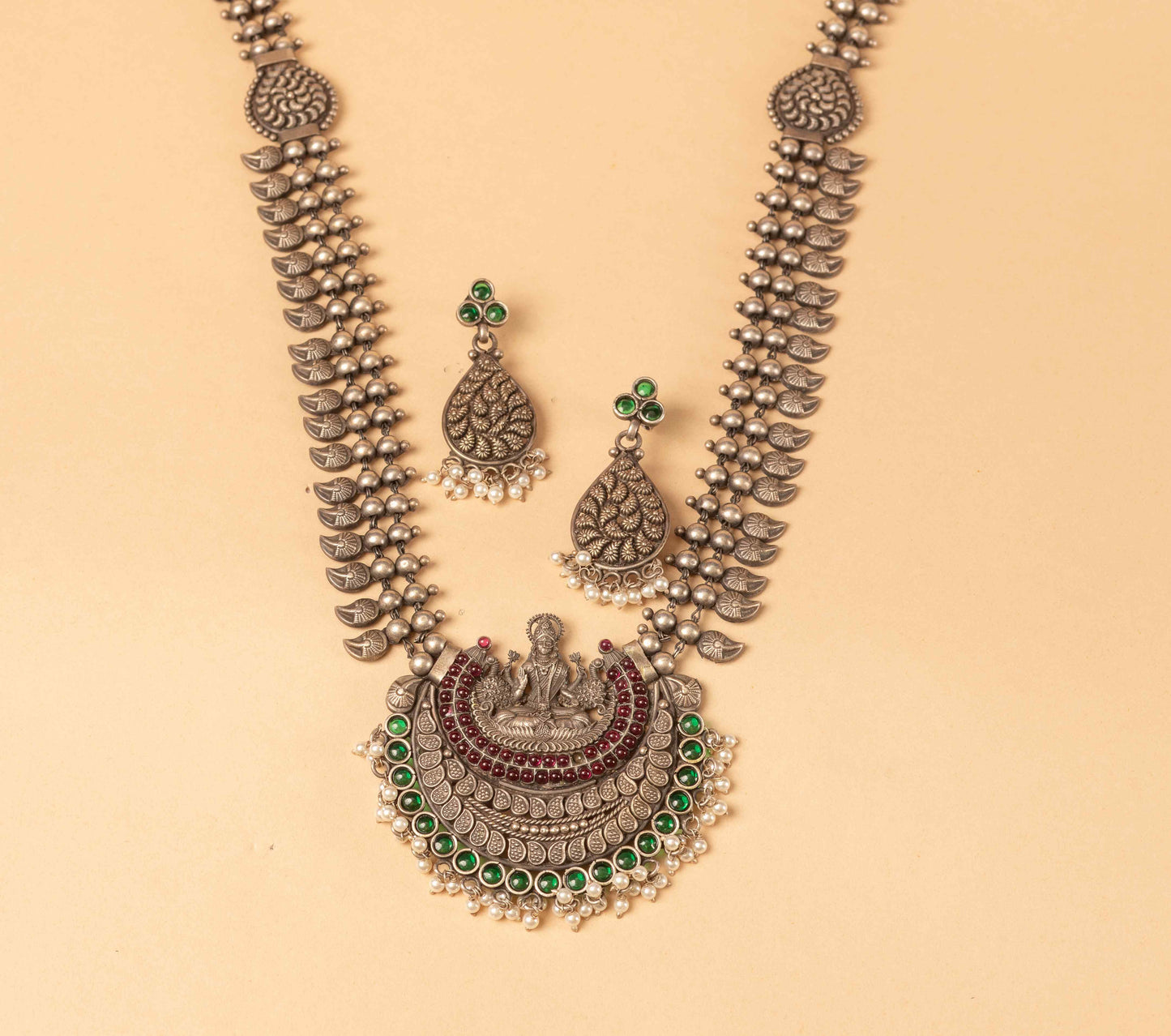 Laxmi Pendent Oxidized Silver Necklace