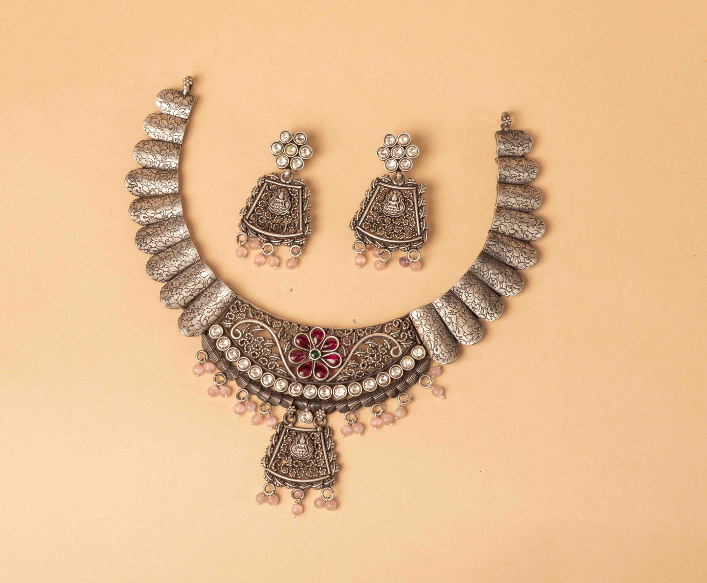 Statement Oxidized Necklace with Earrings