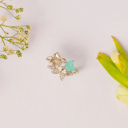 Turquoise Floral Stone Silver Ring - 15 - rings