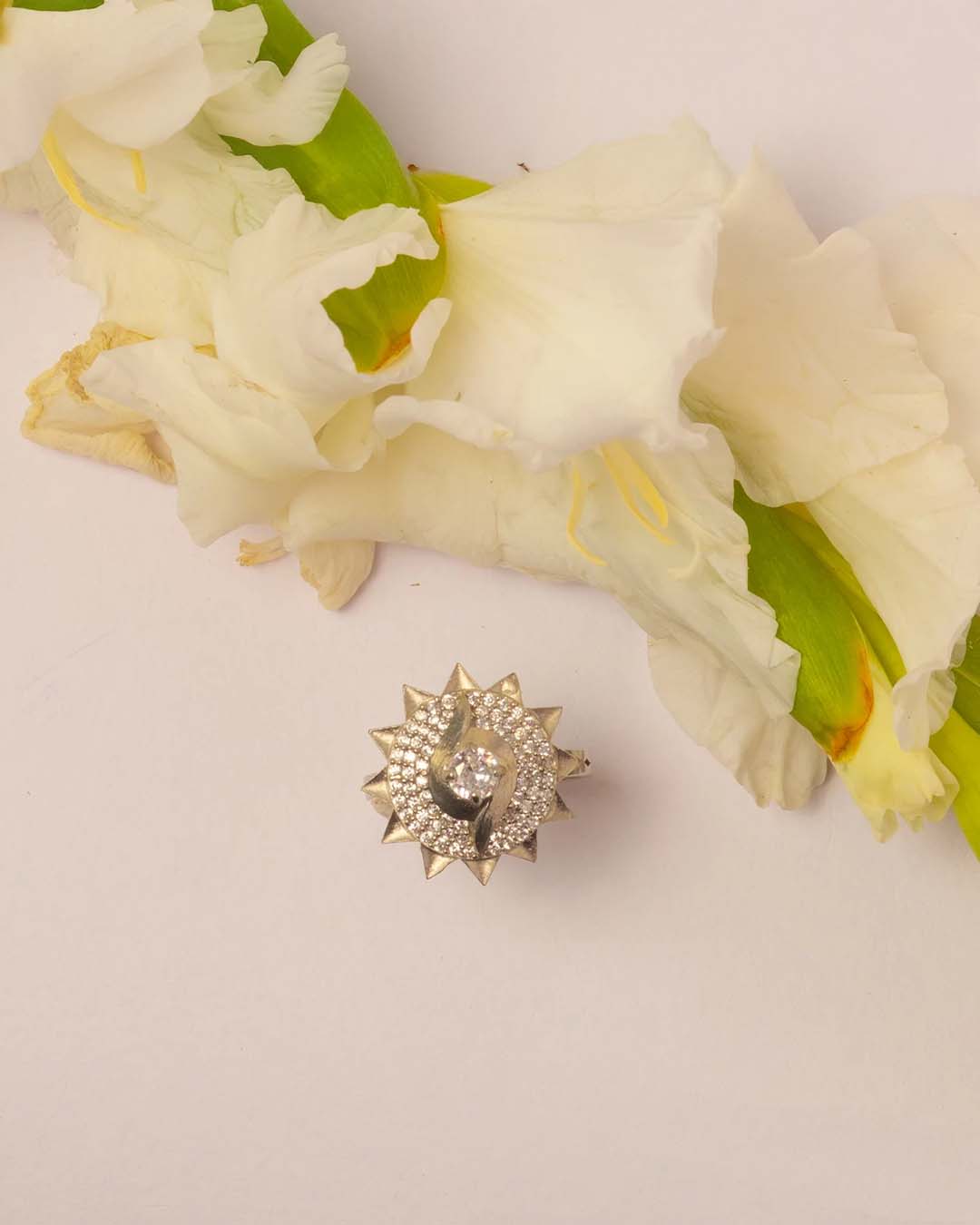 Floral White Stone Silver Ring