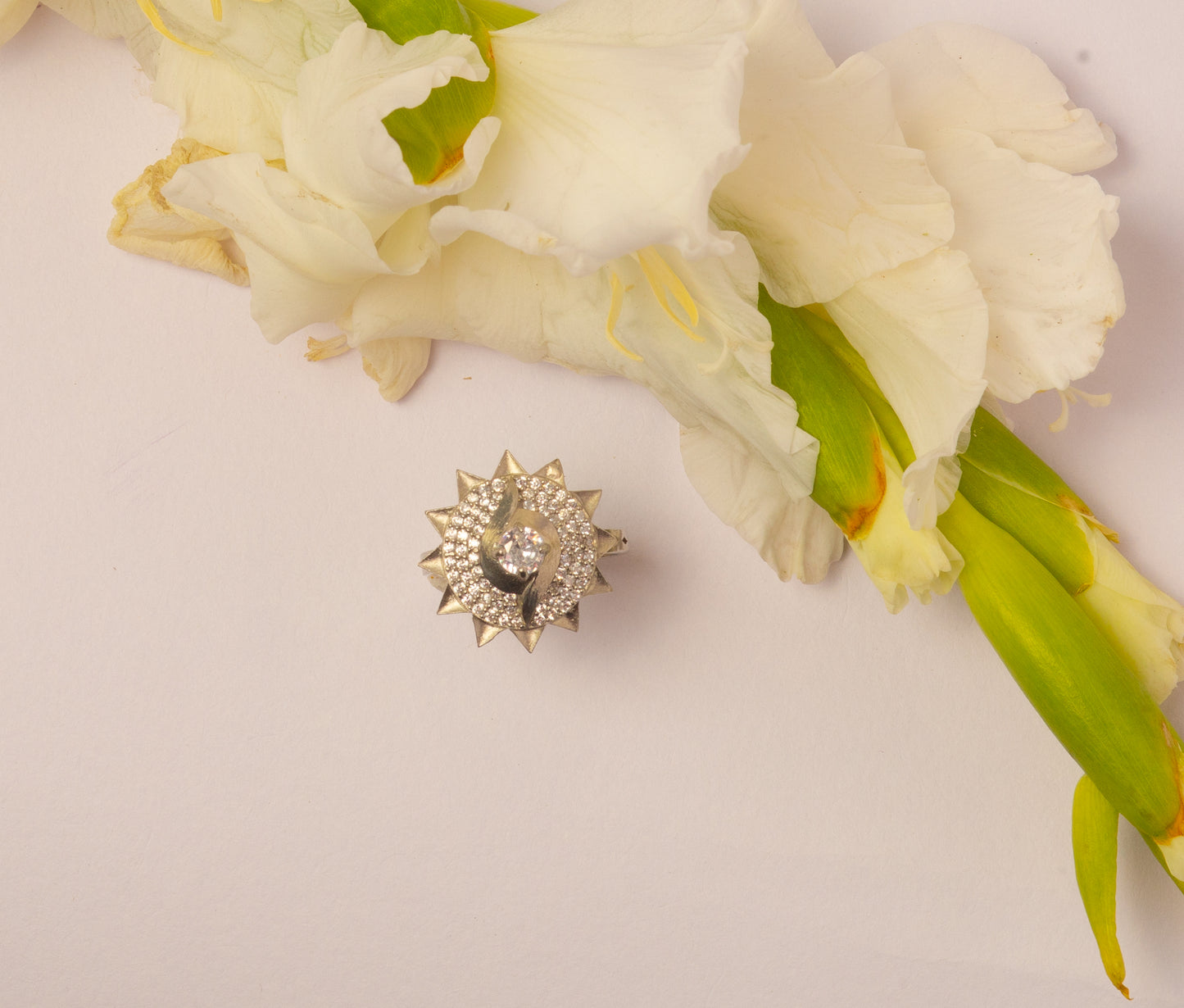 Floral White Stone Silver Ring