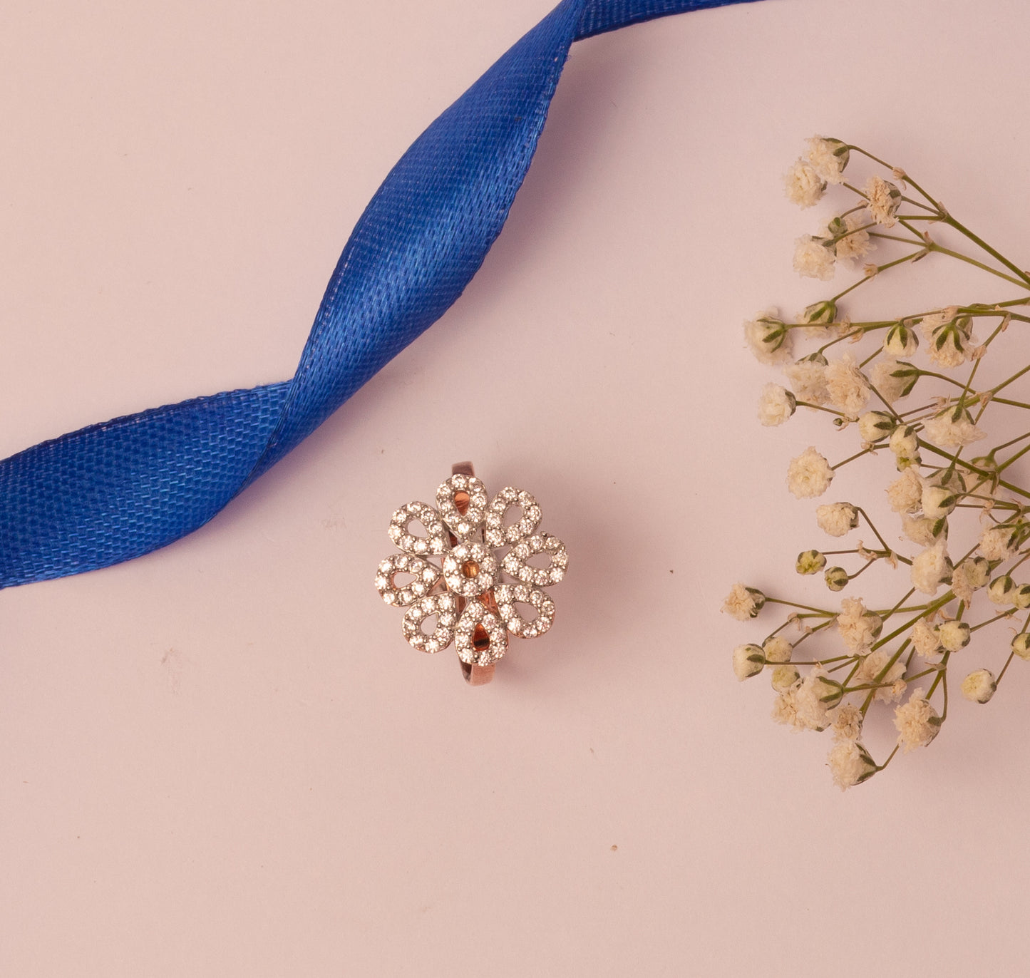 White Stone Floral Silver Ring
