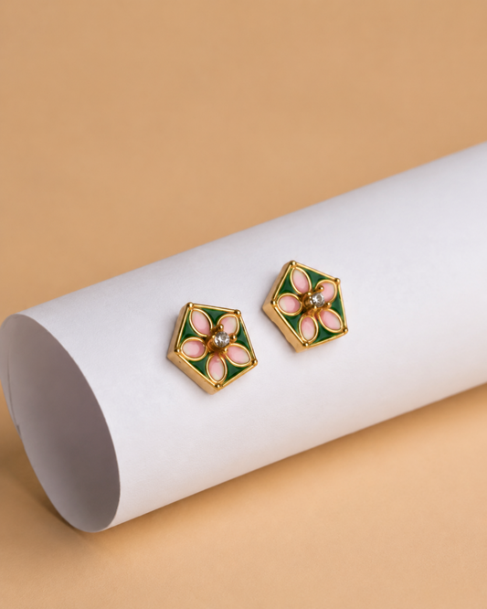 Floral Pentagon Enamel Stud Earrings | 92.5 Sterling Silver