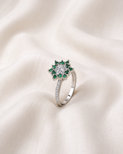 Emerald Floral Halo Ring | 92.5 Sterling Silver