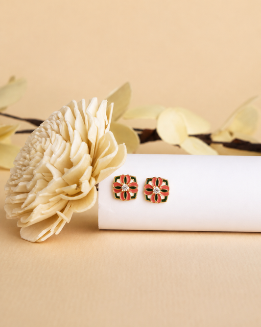 Floral Enamel Square Stud Earrings | 92.5 Sterling Silver