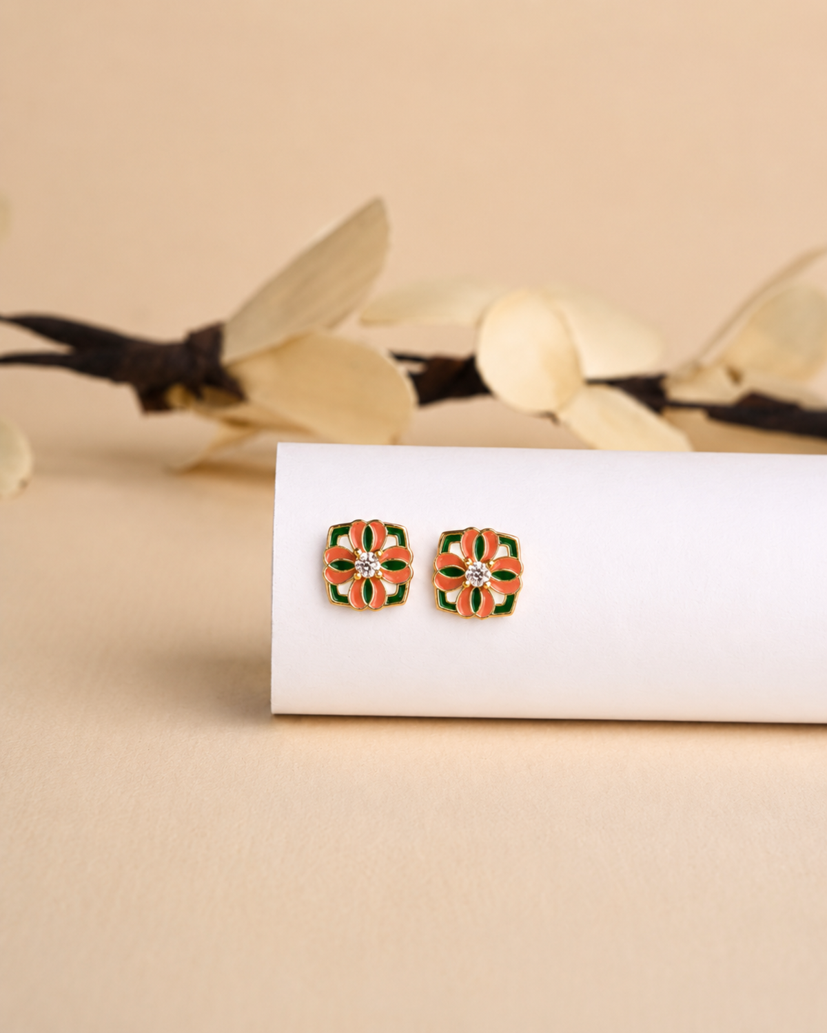 Floral Enamel Square Stud Earrings | 92.5 Sterling Silver