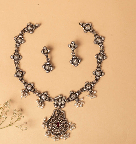 Antique Floral Oxidized Necklace with Earrings