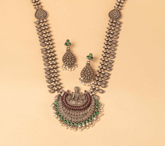 Laxmi Pendent Oxidized Silver Necklace