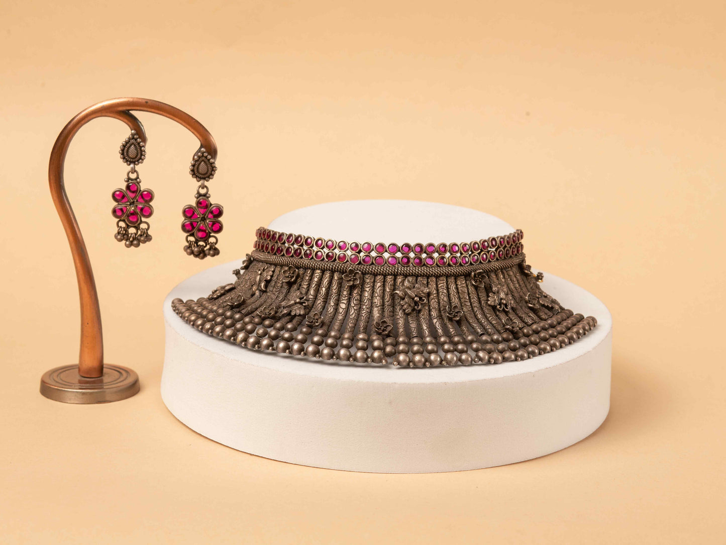 Antique Pink Stone Oxidized Necklace with Earrings