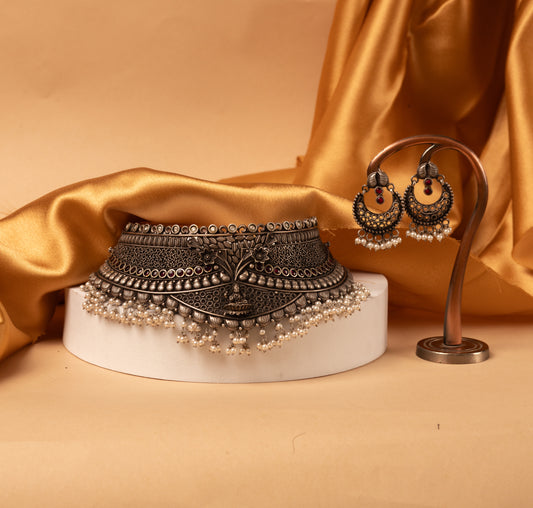 Antique Laxmi Oxidized Necklace with Earrings