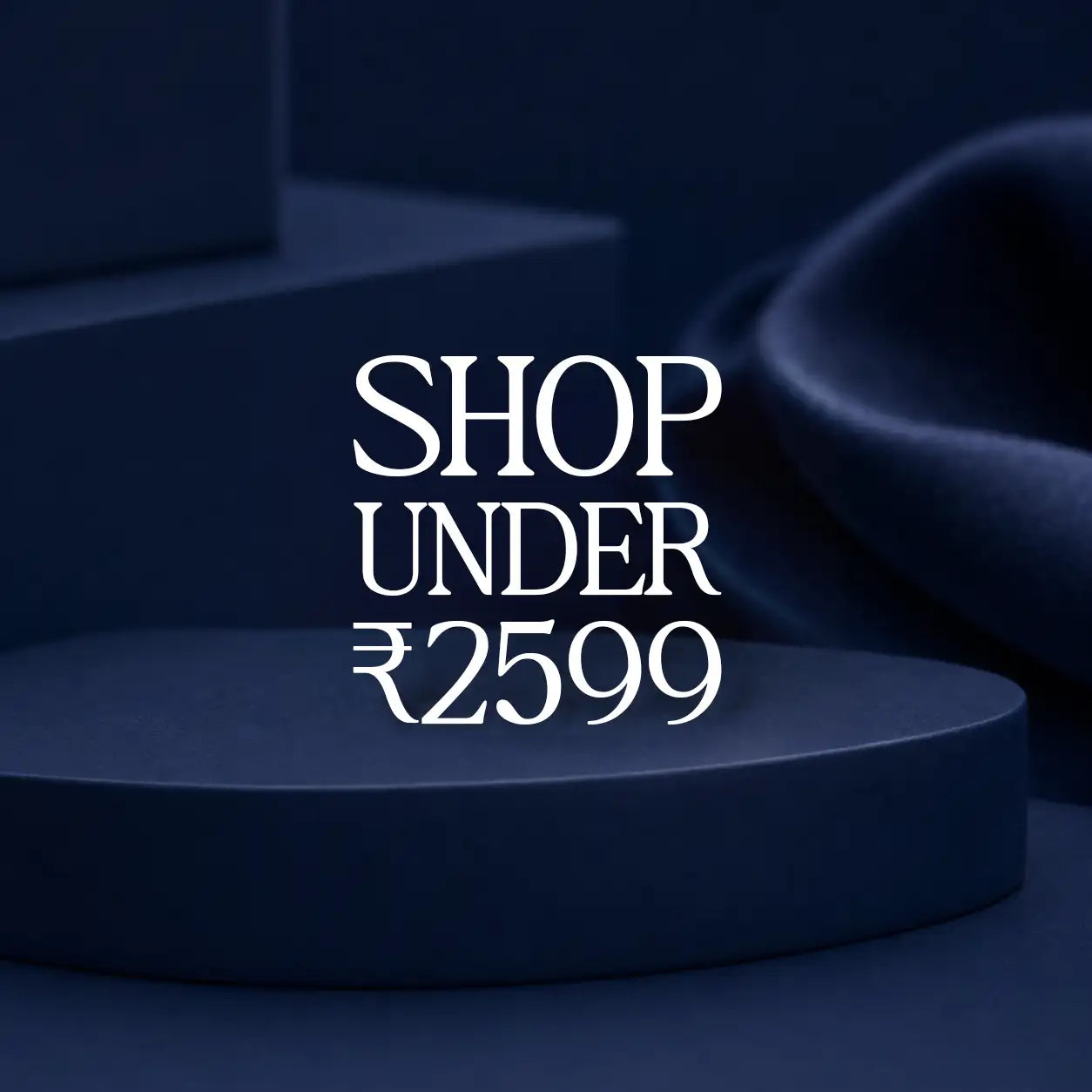 Dark blue minimalist product display stand with white text overlay.
