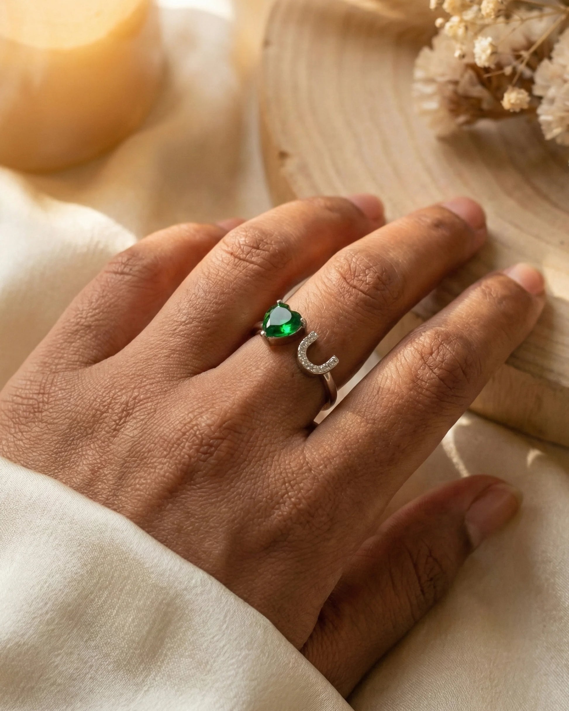 Green Heart Stone Silver Ring - 14 - rings