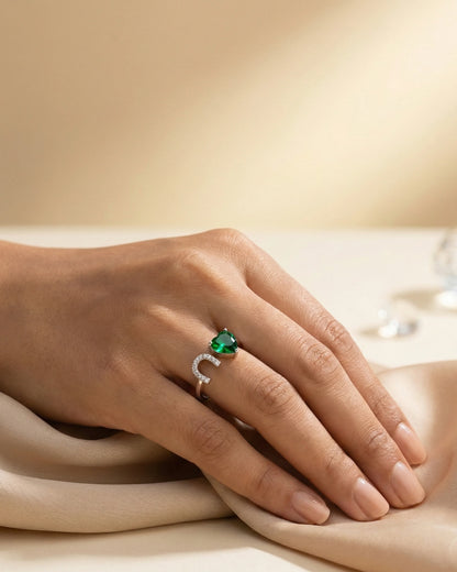 Green Heart Stone Silver Ring - 14 - rings