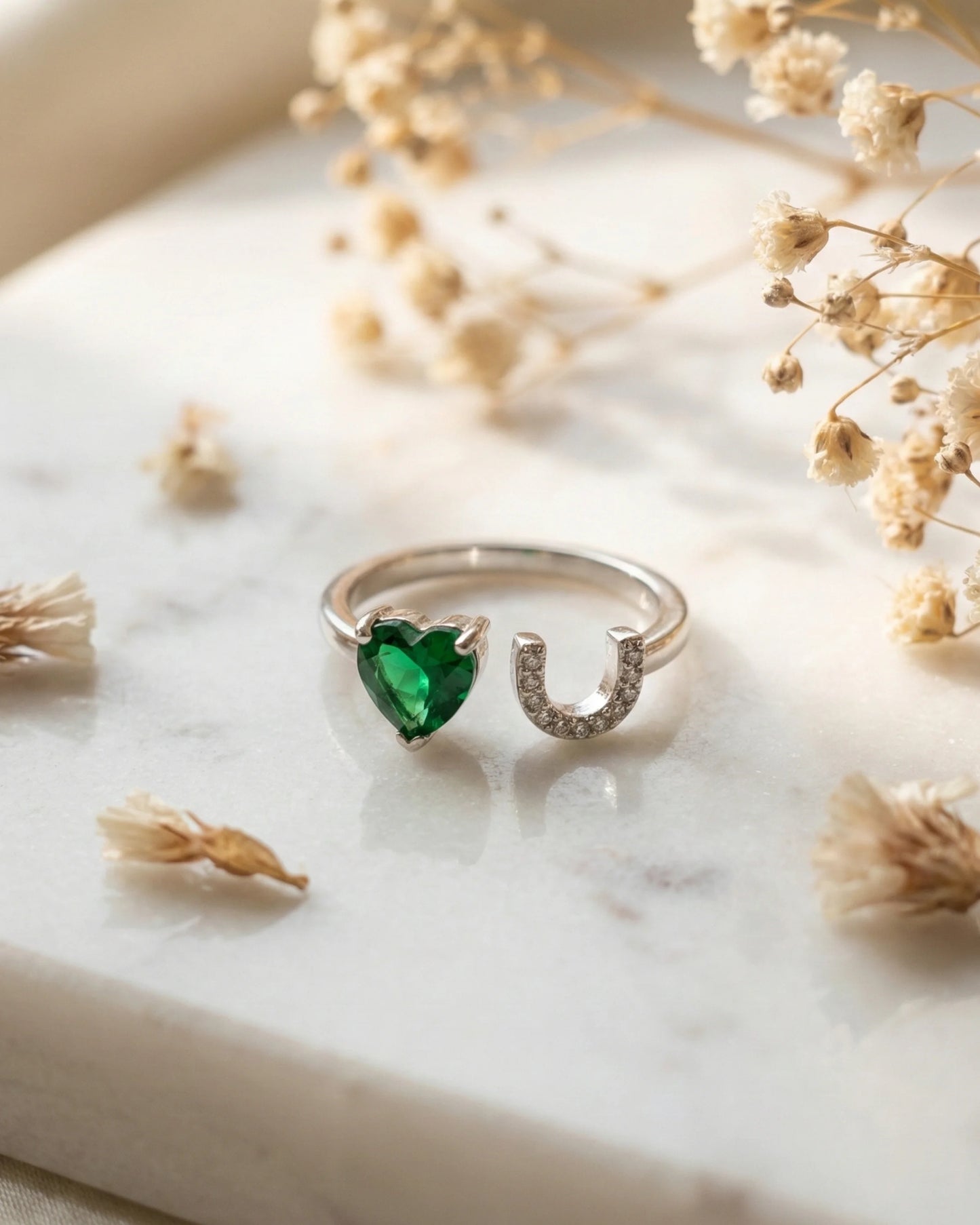 Green Heart Stone Silver Ring - 14 - rings