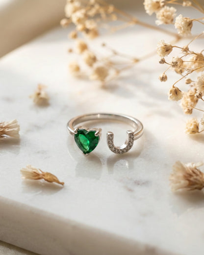 Green Heart Stone Silver Ring - 14 - rings