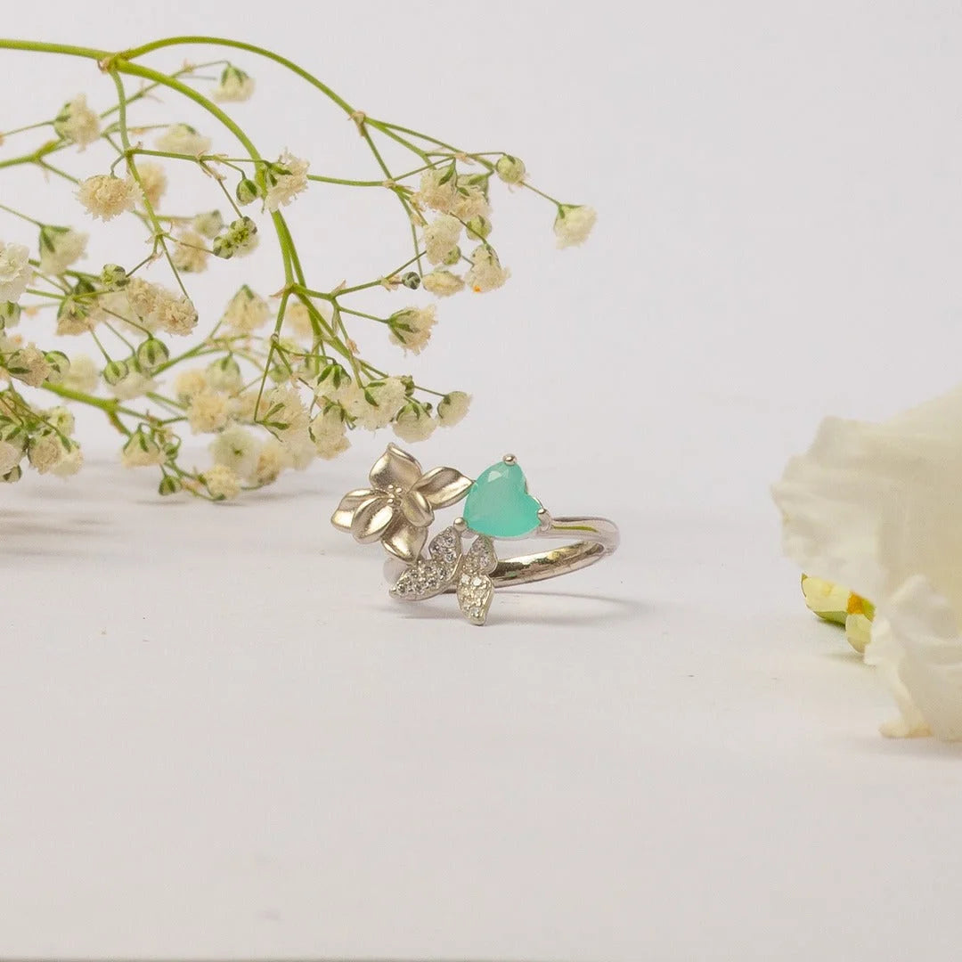 Turquoise Floral Stone Silver Ring - 15 - rings