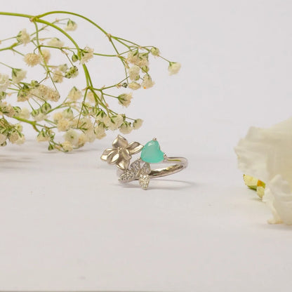 Turquoise Floral Stone Silver Ring - 15 - rings