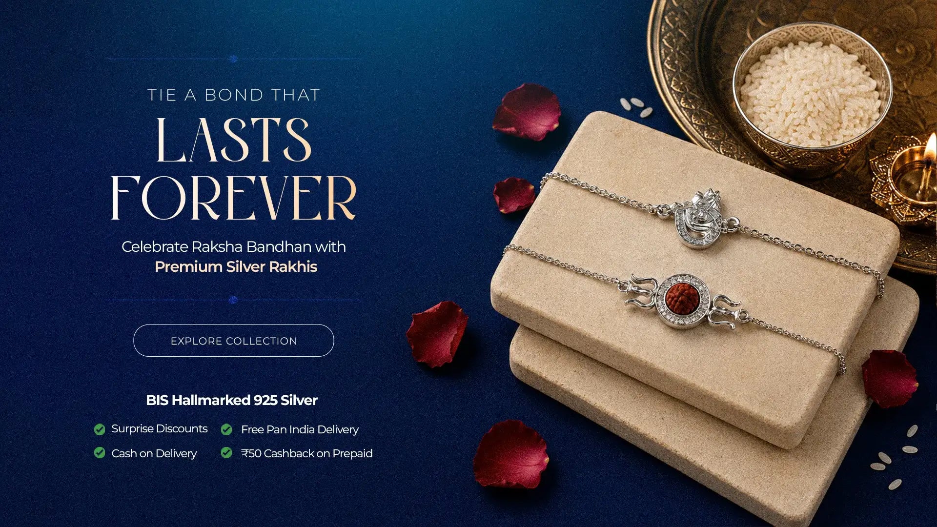 Two elegant silver rakhi bracelets, one featuring a central red gemstone and the other adorned with sparkling stones.
